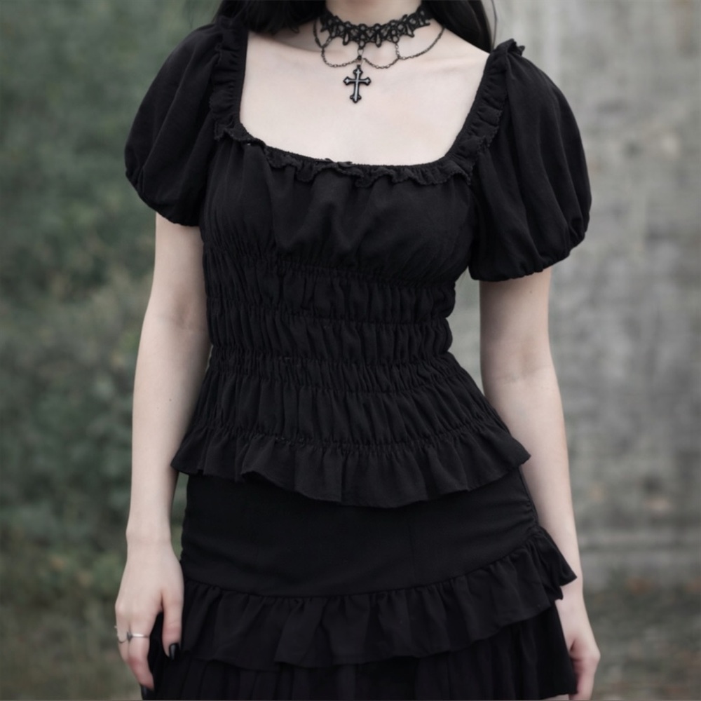 Black Smocked Puff Sleeve Corset Style Peasant Top L Milkmaid Romantic Goth
